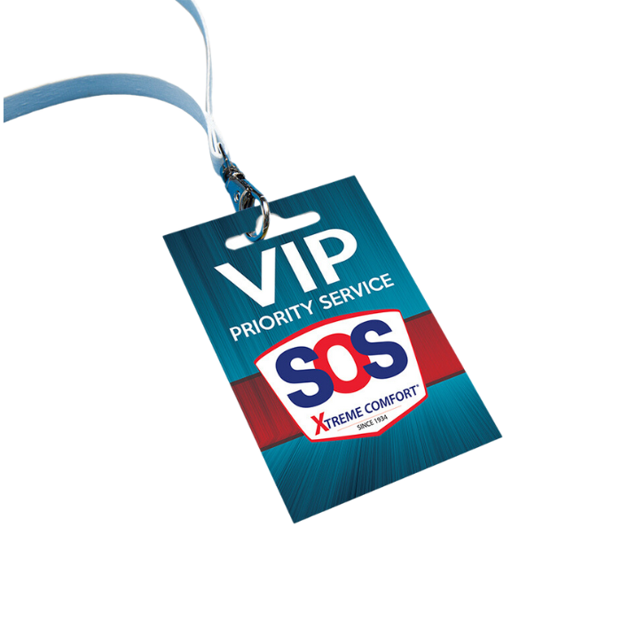 VIP SOS Xtreme badge on a lanyard, on white background.